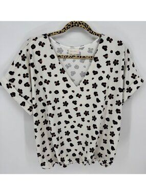 Melloday Womens Leopard Print V-Neck Short Cap Sleeve Blouse Size XL